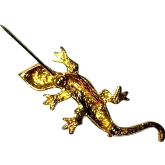 Vintage Gold Tone Lizard Brooch Pave Green White Rhinestones Textured Reptile - Picture 9 of 9